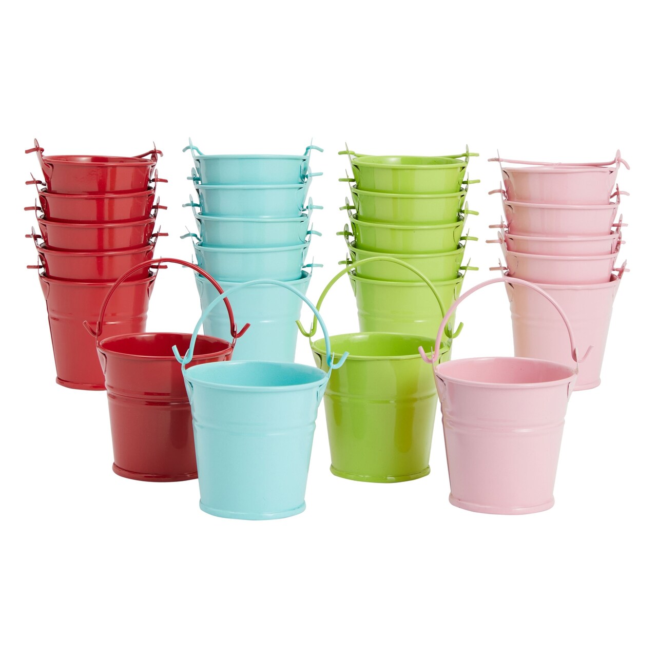 24-Pack Mini Metal Buckets - 2-inch Small Colorful Tin Pails for Party Favors (Green, Blue, Pink, Red)